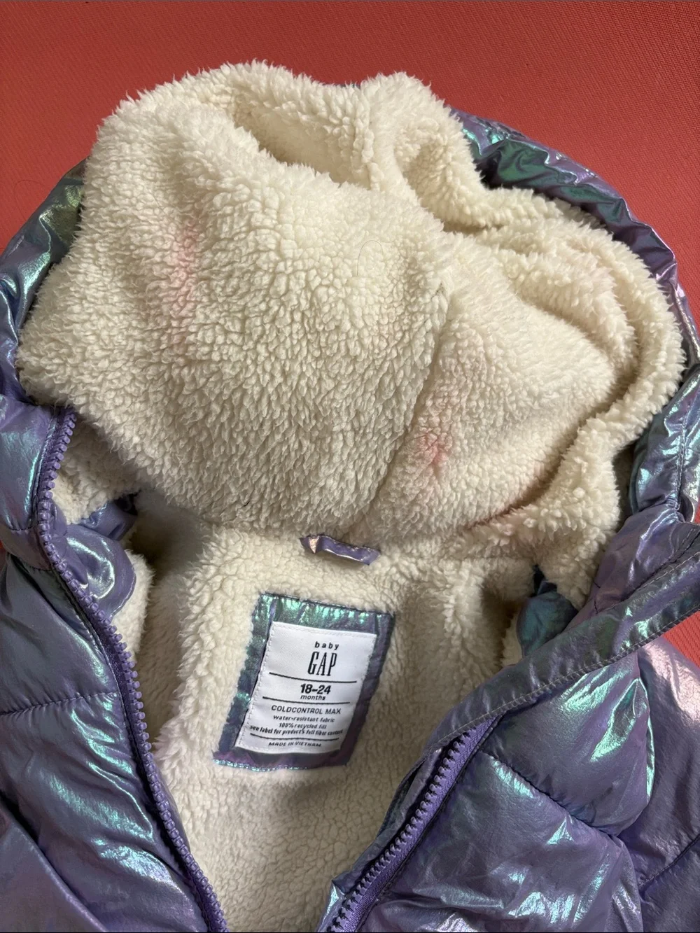GAP Iridescent Hooded Puffer Jacket - Purple/Green Sheen